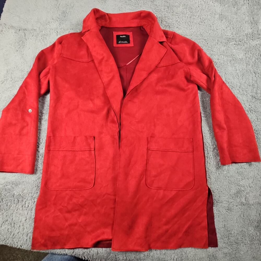 Womens Med Red Faux Suede Roll Tab Jacket Longline Open Front Pockets by Bershka